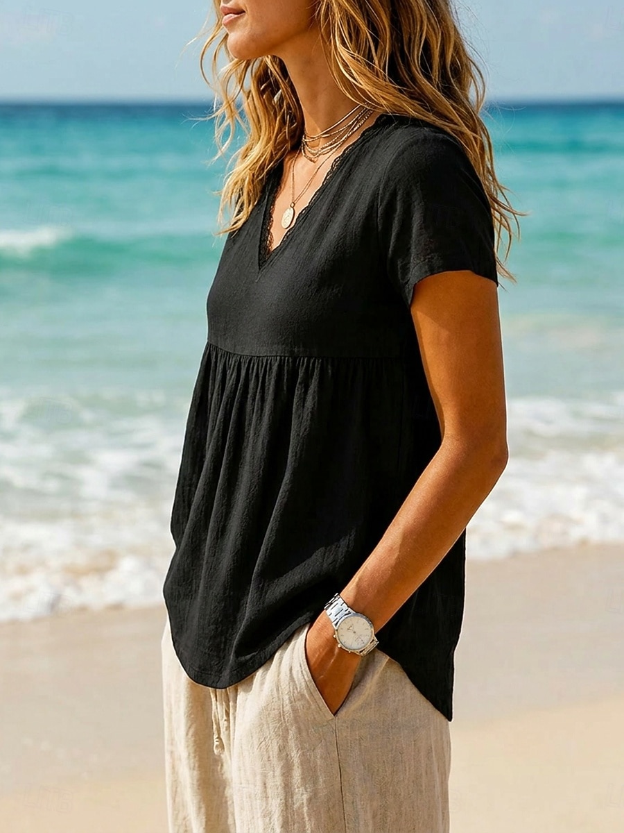 Women's Cotton Linen Shirts Lace Splicing Top Ruffle Patchwork Lace Trim Solid Color Plain Vintage Short Sleeve V Neck Regular Tops Casual Black White Summer Spring 2026 - $32.99 –P7