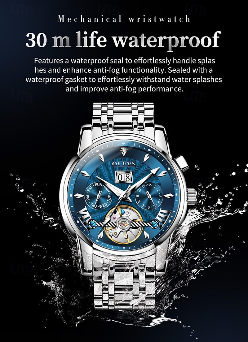 Men's Luxury Automatic Mechanical Watch, Two Tone Stainless Steel, Blue Dial Skeleton Tourbillon Style, Self-Winding Business Wristwatch with Big Date Day 24H Waterproof Luminous Gift for Him 2026 - $96.99 –P7