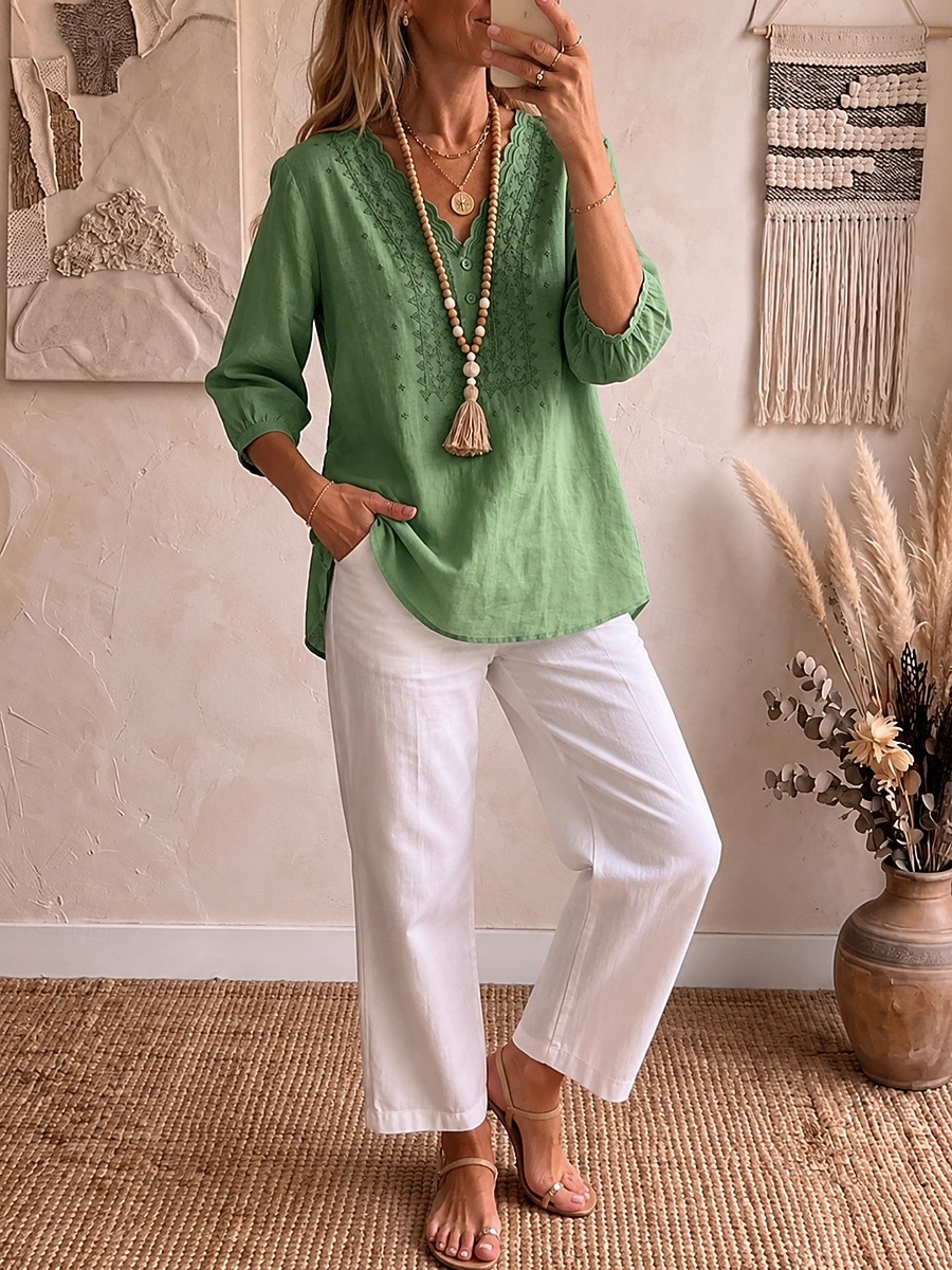 Bluza brodată pentru femei cămașă boho cămașă cu dantelă florală elegantă boemă vacanță guler în V tops lungi casual zilnic vacanță khaki negru alb verde vară primăvară 2026 - $37.99 –P4