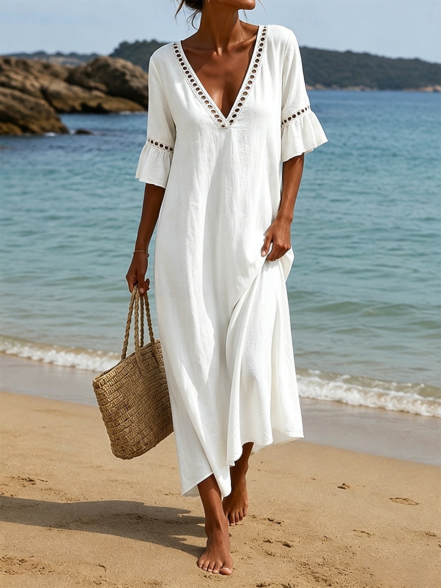 Women's Midi Dress Boho Dress Sundress Casual Dress Elegant Fashion Modern Outdoor Vacation Going out Loose Fit Plain Half Sleeve V Neck Blue Khaki White Pink Summer Spring 2026 - $21.99 –P6