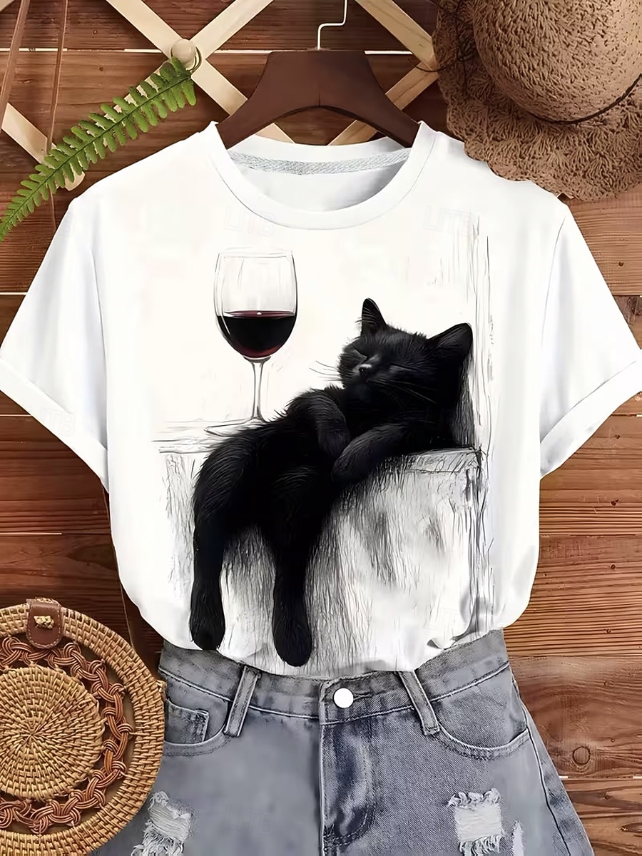 Per donna Maglietta Stampato Grafico Animale Gatto Vintage Elegante Classico Manica Corta Girocollo Top Regolari Casuale Quotidiano Bianco Estate Primavera del 2026 a $21.99 –P2