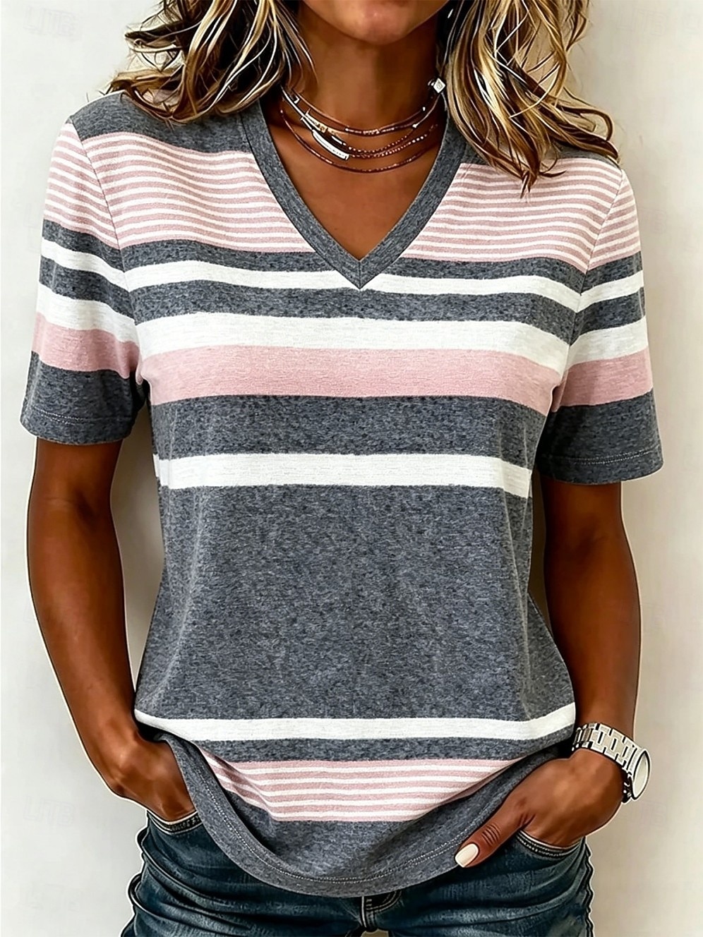Women's T Shirt Print Striped Stylish Casual Short Sleeve V Neck Long Tops Daily Brown And White Black and White Dusty Rose Gray Summer Spring Fall Winter 2026 - $21.99 –P1
