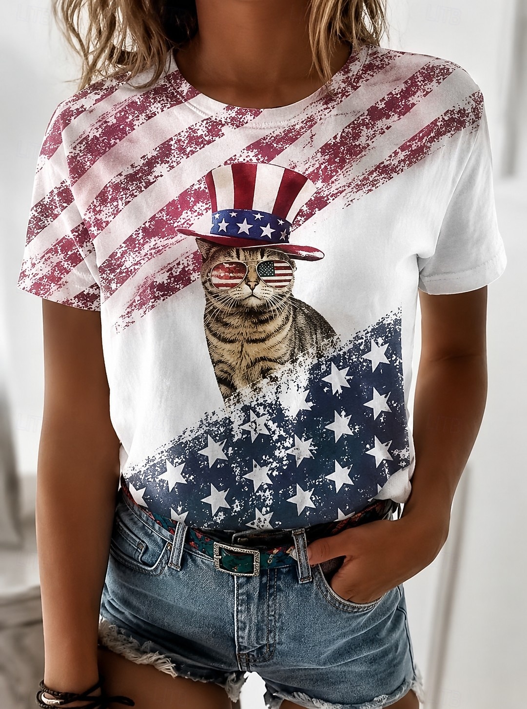 Ziua Independenței Americane Pentru femei Tricou Imprimeu Grafic Steag Scrisă Epocă Modă Stilat Manșon scurt Stil Nautic Rotund Topuri obișnuite Casual Zilnic Sfârșit de săptămână Albastru piscin 2026 - $21.99 –P3
