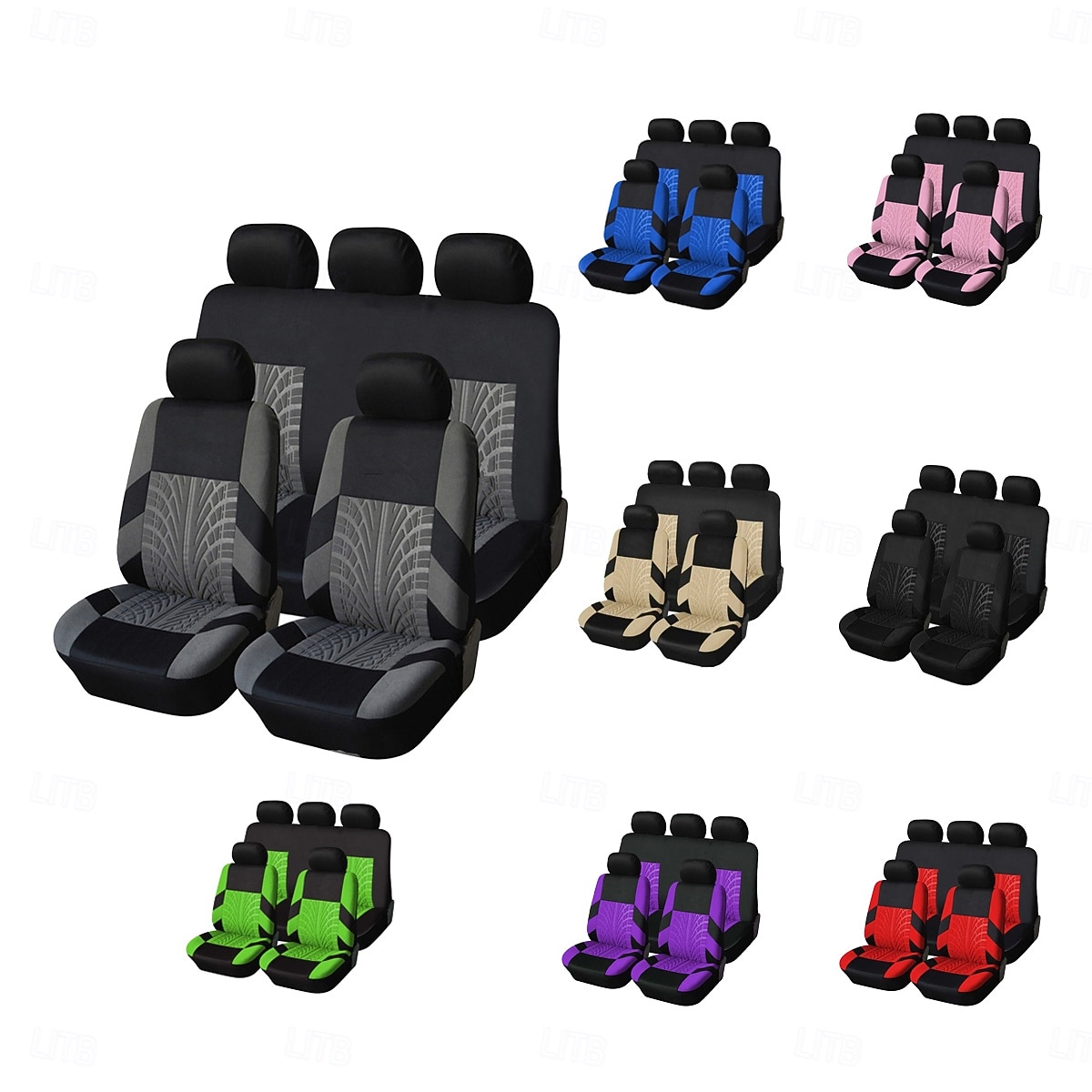 Universal Car Seat Covers Full Set with Sporty Tire Track Design, Breathable Cloth Automotive Seat Protectors, Airbag Compatible Interior Accessories for Most Sedan SUV Truck Van, 9PCS 2026 - $29.99 –P1
