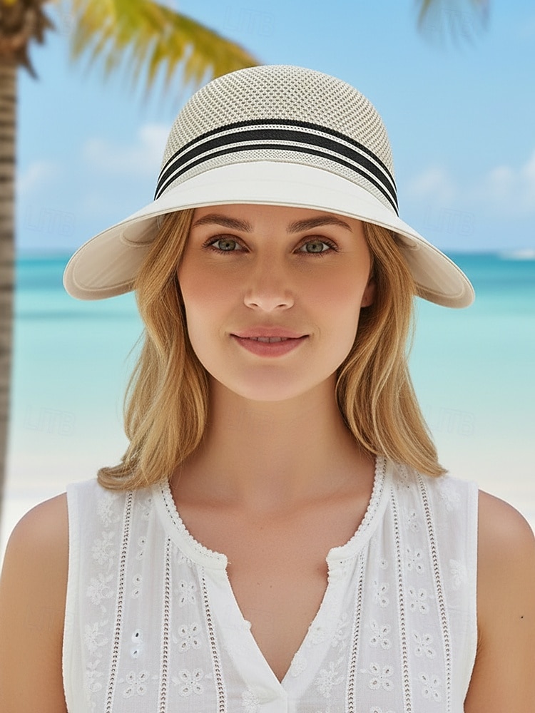 Chapéu de sol feminino de aba larga em tela respirável, dobrável, com proteção UPF e alça ajustável para viagens e férias ao ar livre. Ideal para praia e atividades ao ar livre. &atividades de verão de 2026 por $9.99 –P1