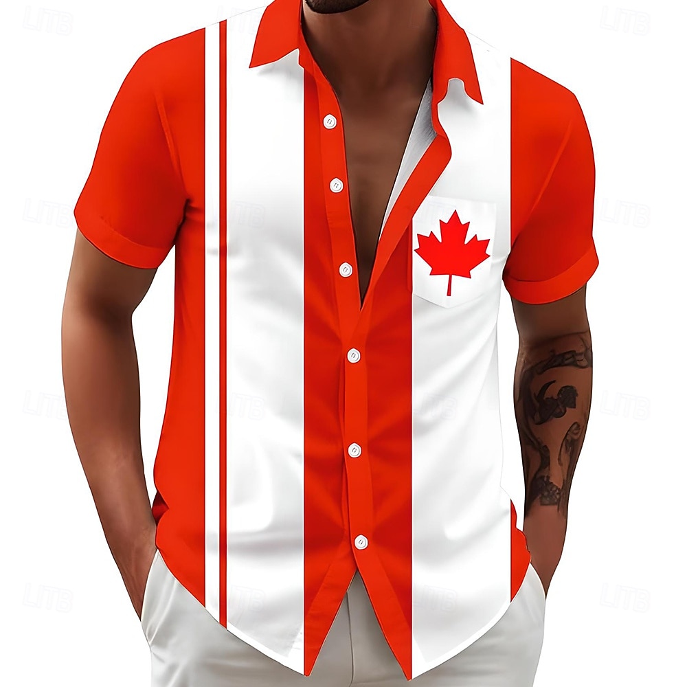 Canada Day Men's Striped Maple Leaf National Flag Shirt Summer Shirt Button Up Shirt Short Sleeve Patriotic Outdoor Holiday Summer Spring Turndown 3D Print Collared Shirts Front One Pocket Red 3 Red 2026 - $25.99 –P2