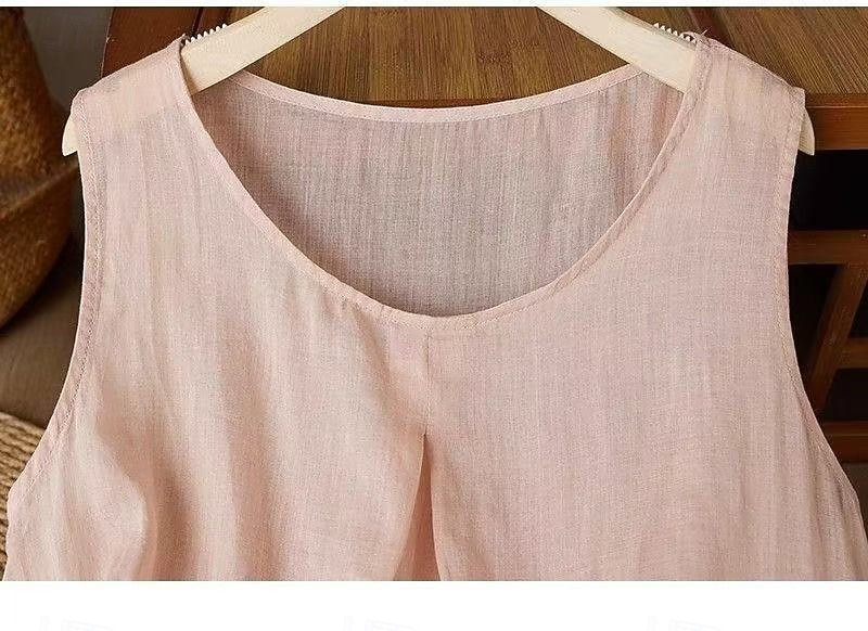 Per donna Gilet in cotone e lino Arricciato Ricamato Tinta unica Elegante Senza Maniche Senza maniche Scollo Tondo Top Regolari Bianco Rosa Viola Kaki Estate Primavera del 2026 a $13.99 –P5