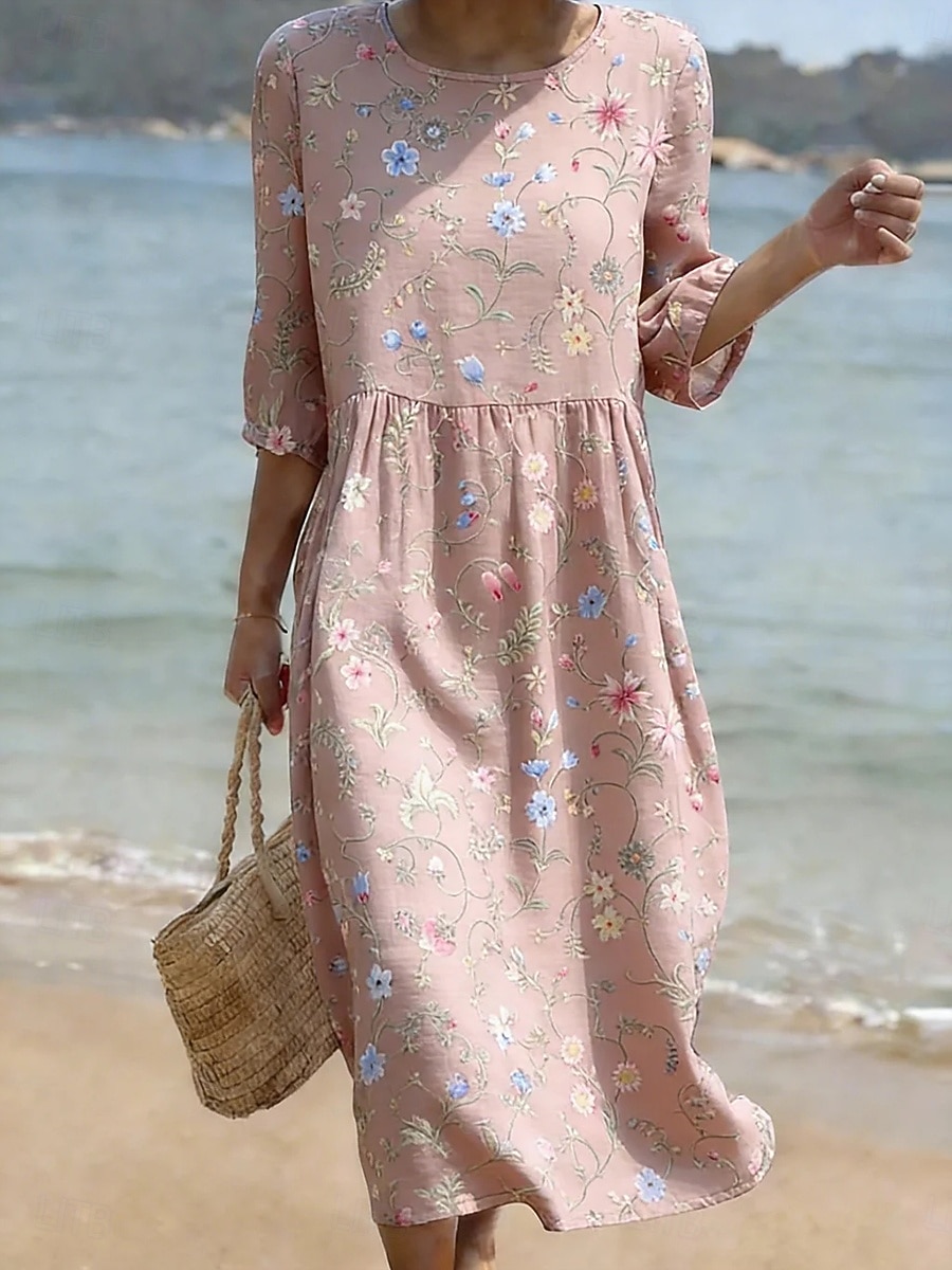 Women's Midi Dress Sundress Vacation Casual Boho Beach Holiday Regular Fit Floral Graphic 3/4 Length Sleeve Crew Neck White Pink Dusty Rose Green Summer Spring 2026 - $36.99 –P2