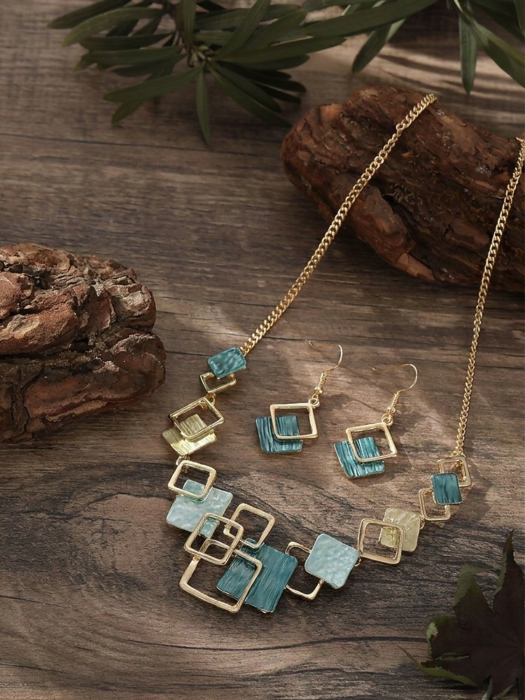 Women's Bohemian Geometric Square Jewelry Set, Gold Alloy Enamel Necklace & Drop Earrings, Colorful Modern Statement Accessories for Vacation, Travel and Daily Casual Wear 2026 - $14.99 –P7