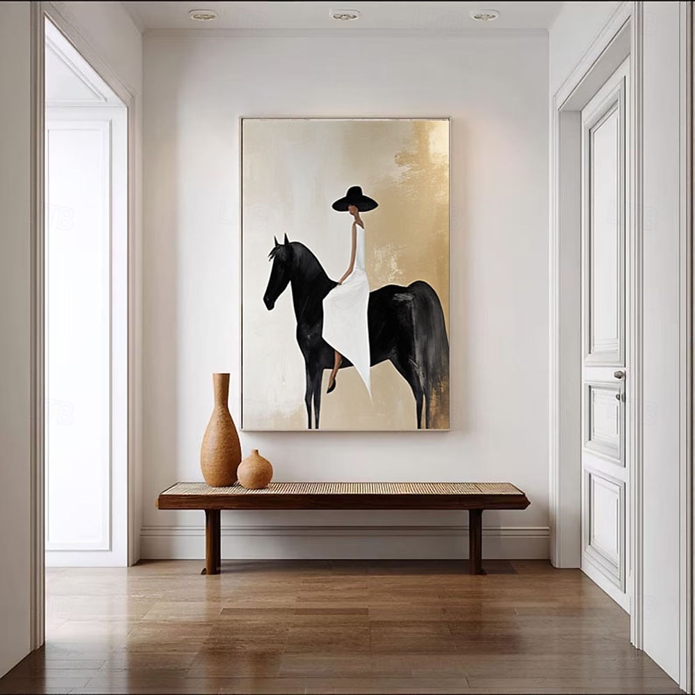 Minimalist Horse Rider Woman Canvas Black and White Wall Art Elegant ...