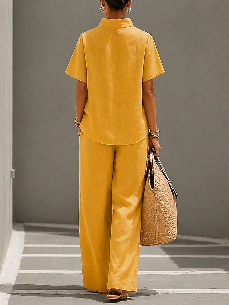 Women's Linen-feel Set Pants Sets Short Sleeve Stand Collar Solid Color Fashion Streetwear Casual Daily Outdoor Blue Yellow Khaki Spring & Summer Loose Fit 2026 - $17.49 –P2