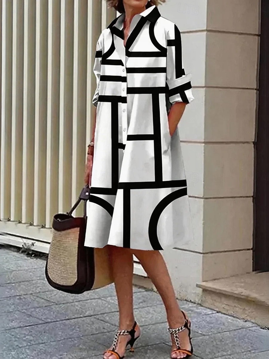 Women's Midi Dress A Line Dress Work Dresses Vacation Birthday Casual Beach  Going out Regular Fit Graphic Geometric Long Sleeve Lapel Blue Black Red  Summer Spring 2026 - AU $74.59