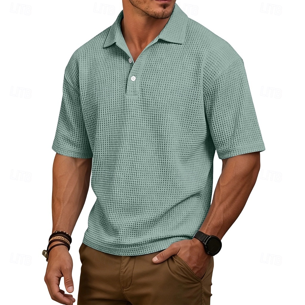 Homens Camisas Polo Waffle Textura Casual Rua Lapela Manga Curta Básico Moderno Tecido Leve Botões Verão Primavera Ajuste Largo Azul Preto Branco Verde Claro Vinho Azul Marinha Camisas Polo Waffle de 2026 por $21.99 –P1