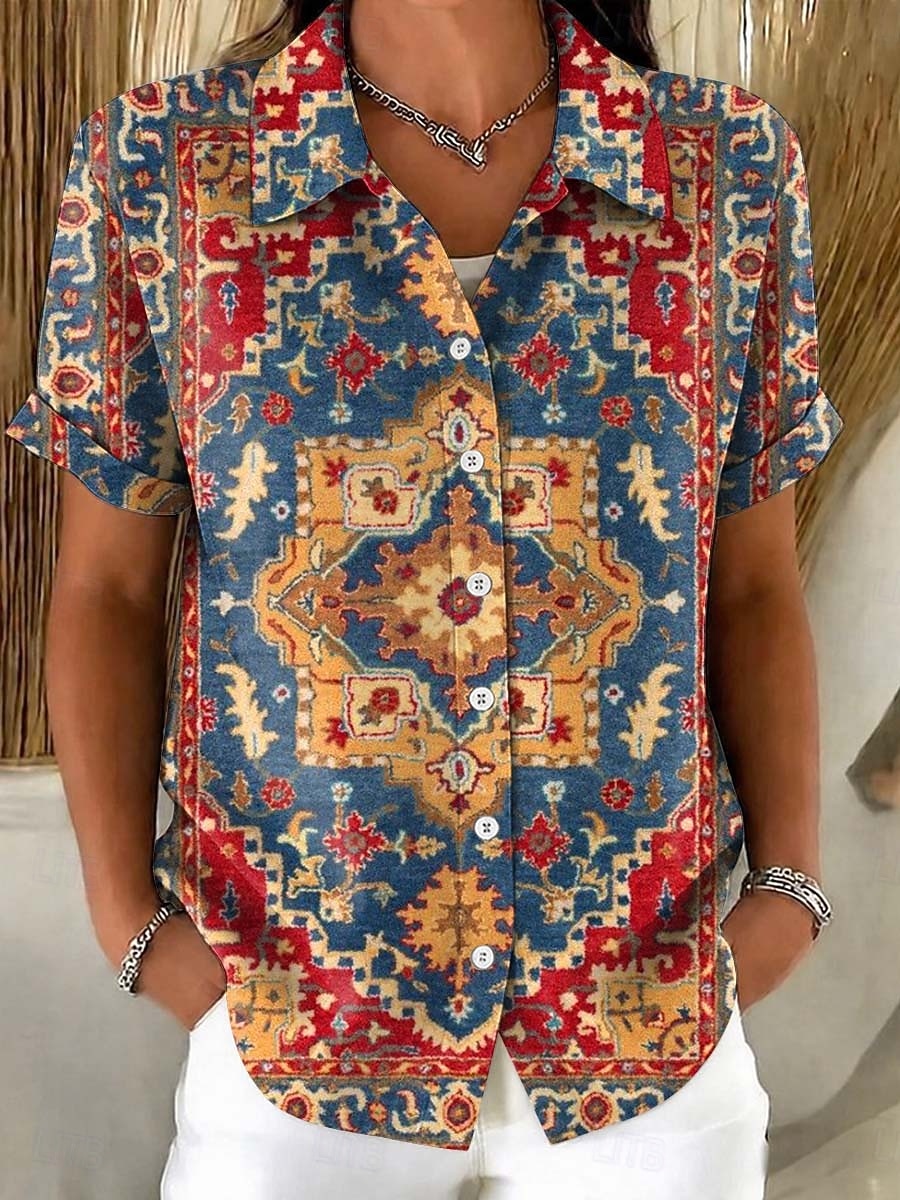 Pentru femei Cămașă Nasturi Imprimeu Grafic Geometric Epocă Zilnic Stilat Manșon scurt Guler Cămașă Topuri obișnuite Casual Zilnic Albastru piscină Roșu-aprins Vară Primăvară 2026 - $26.99 –P1
