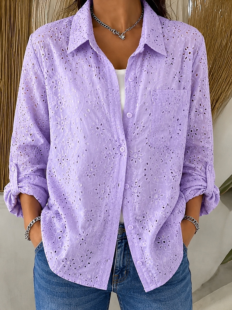 Women's Blouse Embroidered Buttons Solid Color Elegant Casual Long Sleeve Turndown Regular Tops Casual Daily Holiday White Red Purple Green Summer Spring 2026 - $41.99 –P3