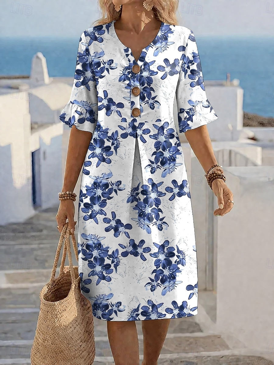 Per donna Abito al ginocchio Vestito Casual Abito a trapezio Elegante Vacanza Spiaggia Ferie Vestibilità regolare Floreale Grafico Manica Corta Scollo a V Blu Blu reale Viola Verde Estate Primavera del 2026 a $44.99 –P1