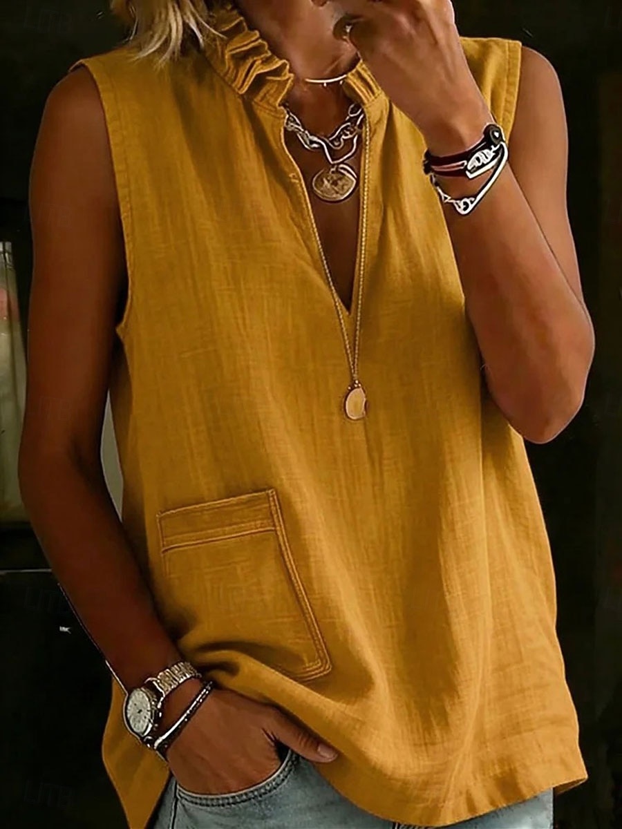 Per donna Camicia Camicie effetto lino Blusa Volant Tinta unica Semplice Moda Casual Spiaggia Senza Maniche Scollo a V Top Regolari Casuale Bianco Giallo Rosso Verde Estate del 2026 a $24.99 –P2