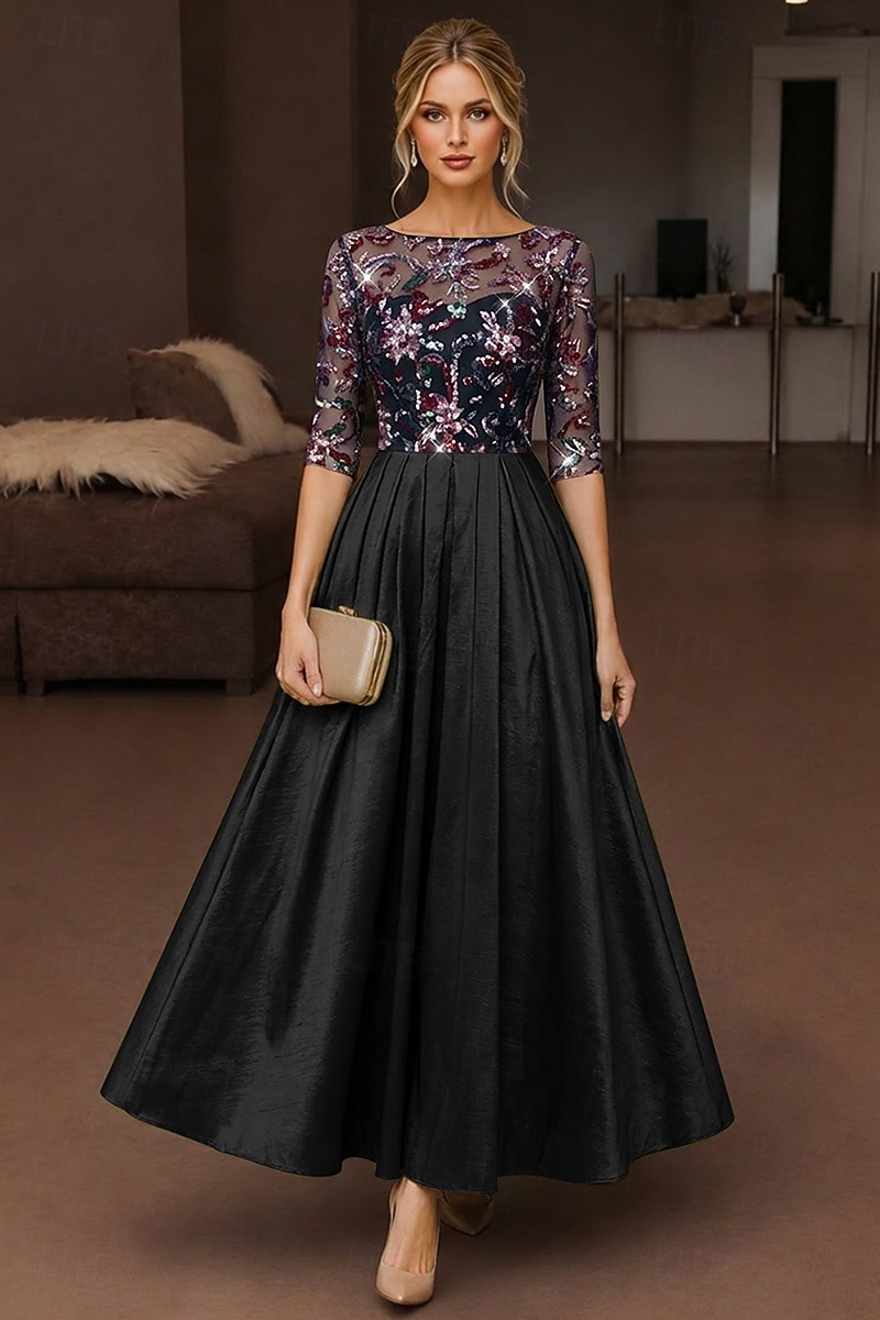 A-Line Ankle Length Tea Length Cocktail Dresses Elegant Sparkle Half Sleeve Boat Neck Wedding Cocktail Party Taffeta Stretch Satin with Lace Pleats Sequin 2026 - $171.99 –P6
