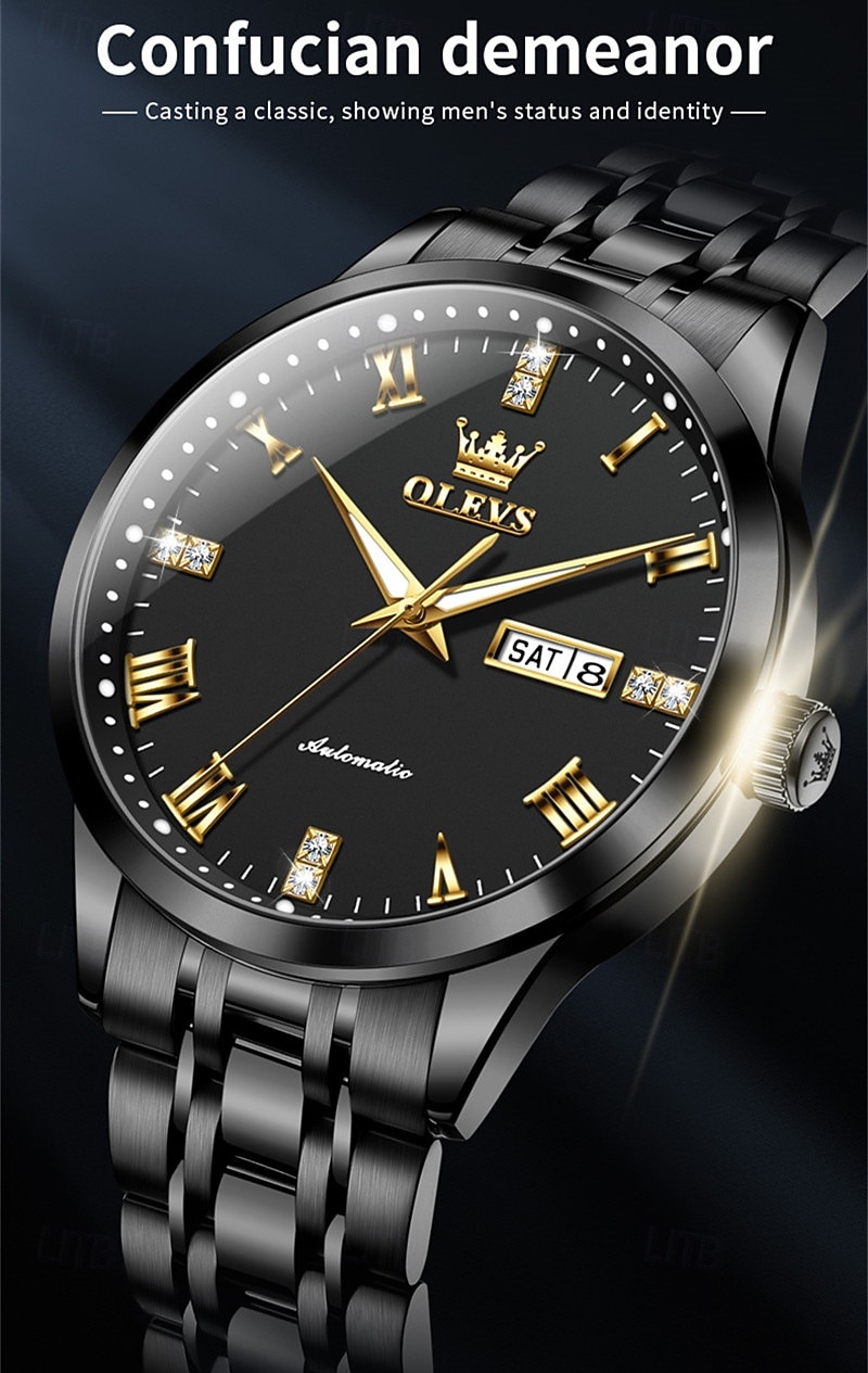 OLEVS Men's Automatic Mechanical Watch, Luxury Stainless Steel Business Dress Watch for Men, Self Winding Wristwatch with Day Date, Waterproof Luminous Diamond Roman Numerals Black Dial Gift Box 2026 - $81.99 –P4