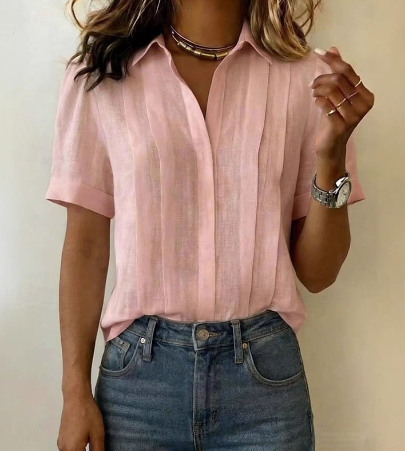 Mulheres Blusa Pregueado Botões Côr Sólida Tecido Vintage à moda Casual Manga Curta Colarinho de Camisa Tops regulares Casual Diário Azul Branco Amarelo Rosa Azul Marinha Verão Primavera de 2026 por $22.99 –P5