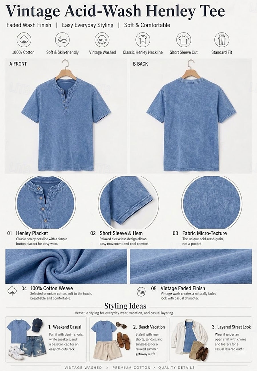 softfade™ dameskjorte i 100 % bomull, henley, vintage, mote, stilig, kortermet, vanlige topper, avslappet, strand, blå, khaki, svart, lilla, oransje, vår 2026 - $28.99 –P1