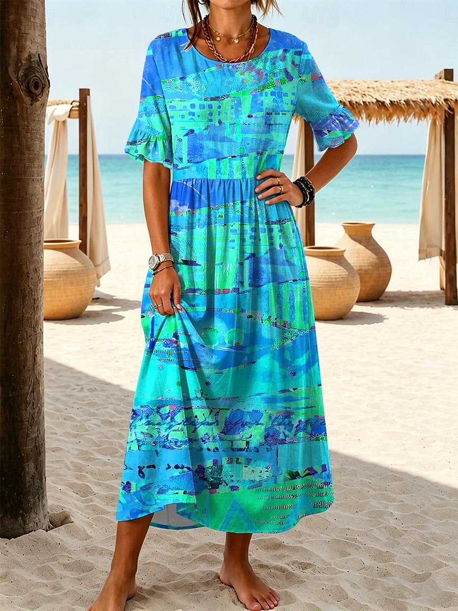 Per donna Abito Midi Vestito Casual Abito a trapezio Elegante Vacanza Spiaggia Ferie Vestibilità regolare Grafico Geometrico Mezza Manica Girocollo Blu Viola Arancione Verde Estate Primavera del 2026 a $43.99 –P3