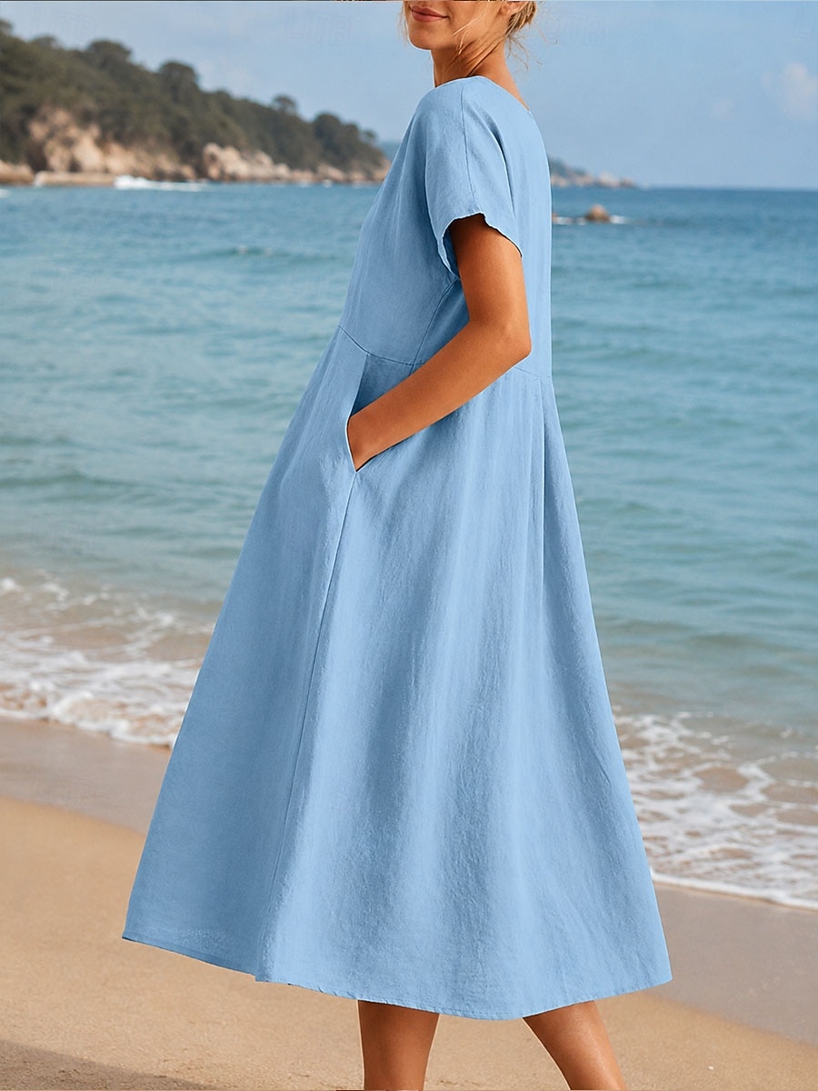 Women's Knee Length Dress Sundress Casual Dress Vacation Casual Boho Beach  Party Date Loose Fit Plain Short Sleeve V Neck Blue Black Pink Green Summer  Spring 2026 - $33.99