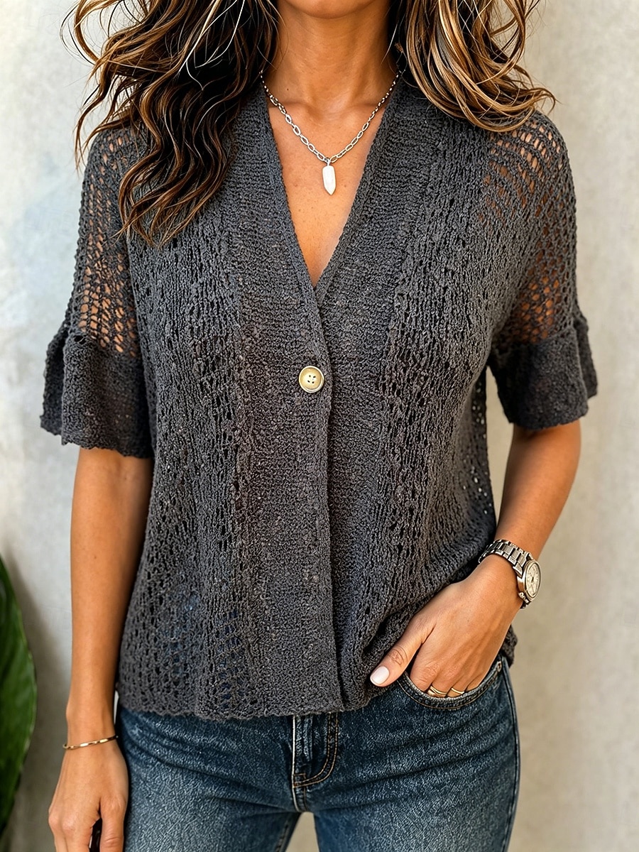 Per donna Camicia Blusa Traforato Bottoni Tinta unica Semplice Vintage Elegante Casual Manica Corta Scollo a V Top Regolari Casuale Quotidiano Nero Bianco Rosa Verde Estate Primavera del 2026 a $41.99 –P3