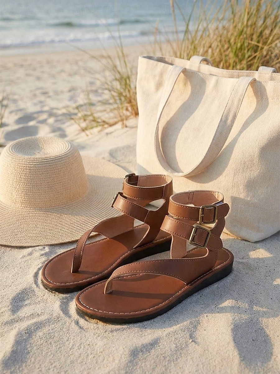 Women's Retro Leather Strappy Sandals - Casual Thong Flat Gladiators with Adjustable Ankle Buckle Straps for Island Vacation, Beach & Cruise 2026 - $24.99 –P1