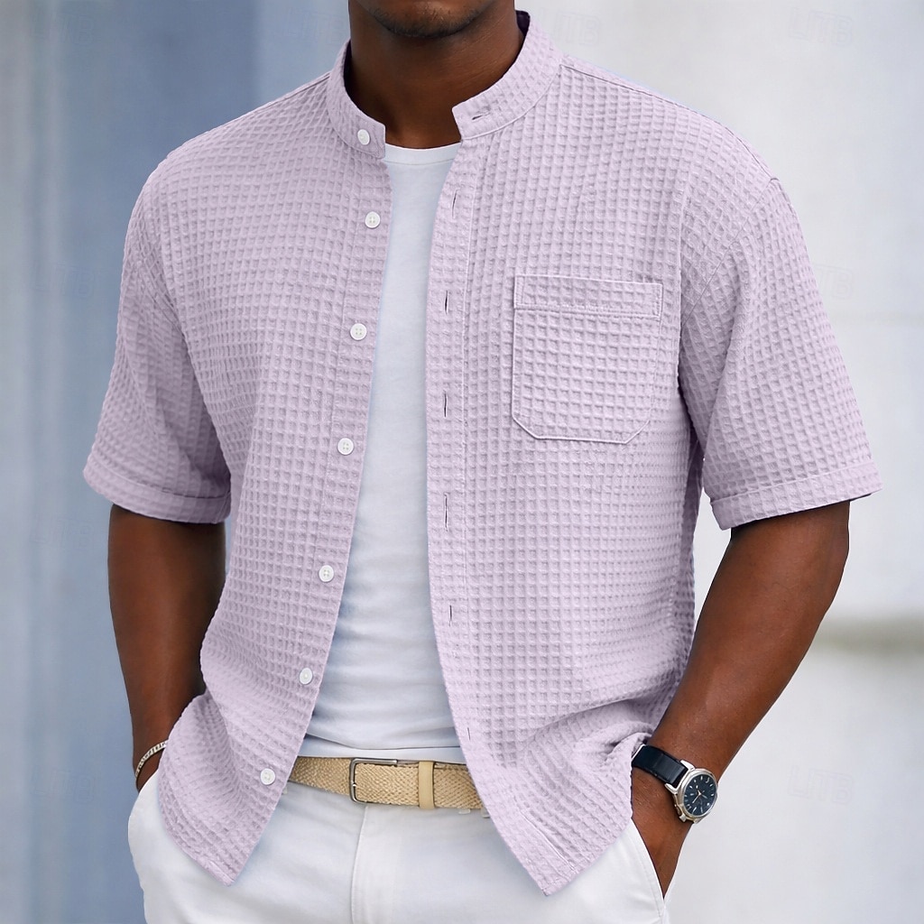 Men's Shirt Waffle Shirt Casual Shirt Button Up Shirt Black Light Green Navy Blue Purple Military Green Short Sleeve Plain Grandad Collar Casual Daily Front Pocket Clothing Apparel Elegant Fashion 2026 - $28.99 –P7