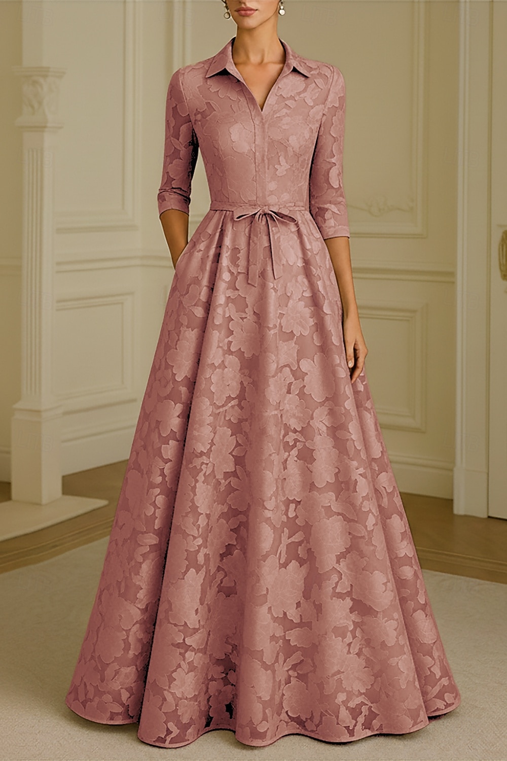 Corte A Hasta el Suelo Vestido de Camisa Vestido formal Vestido de noche Vestido de Madrina Manga Larga Cuello Camisero Elegante Vintage Formal Satén Jacquard con Lazo(s) Flor 2026 - $176.39 –P4