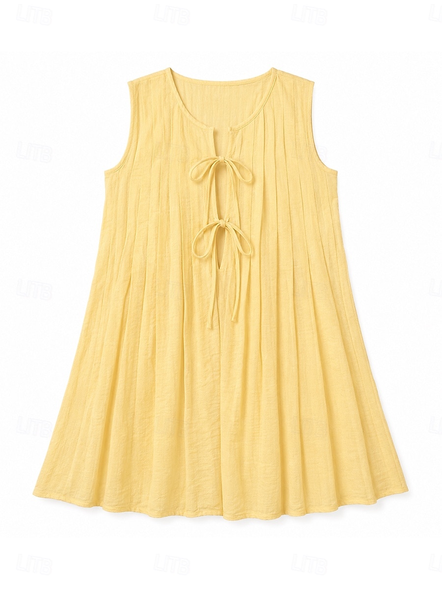 Womens Vintage Vacation Lace Up Plain Pleated Sleeveless Cotton Dress Blue White Yellow Red Summer 2026 - $34.99 –P1