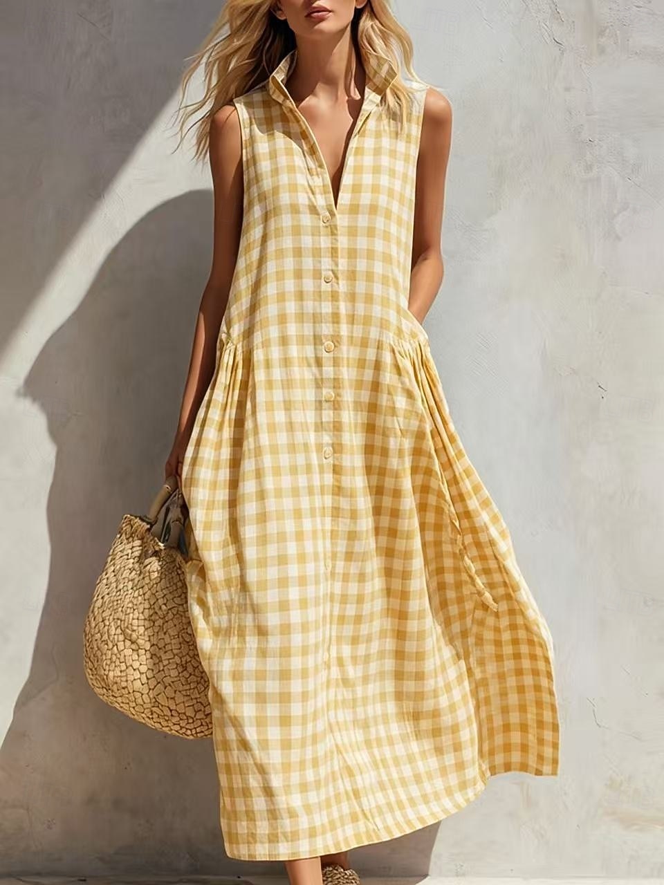 Per donna Abito maxi Abito Boho Vintage Vacanza Vestibilità comoda Plaid Senza Maniche Colletto a Camicia Blu chiaro Giallo Verde chiaro Rosso Estate del 2026 a $26.99 –P4