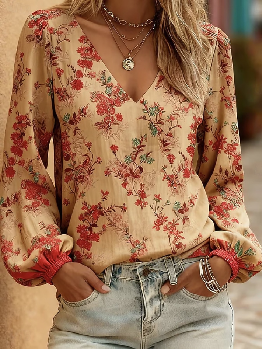 Per donna Camicia Stampato Floreale Grafico Bohemien Vacanza Vintage Manica Lunga Manica a Lanterna Scollo a V Top Regolari Casuale Quotidiano Ferie Rosso Cammello Estate Primavera del 2026 a $32.99 –P1