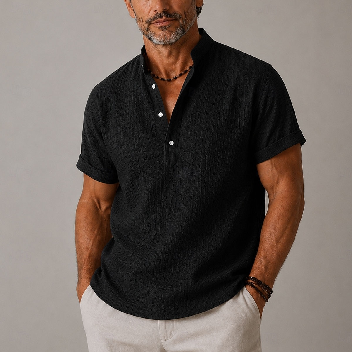 férfi vászon ing, kivágott gallérral, pántos gallérral, hétköznapi, fekete rózsaszín, rövid ujjú, shortshirt, nyári ruházat 2026 - $35.99 –P2