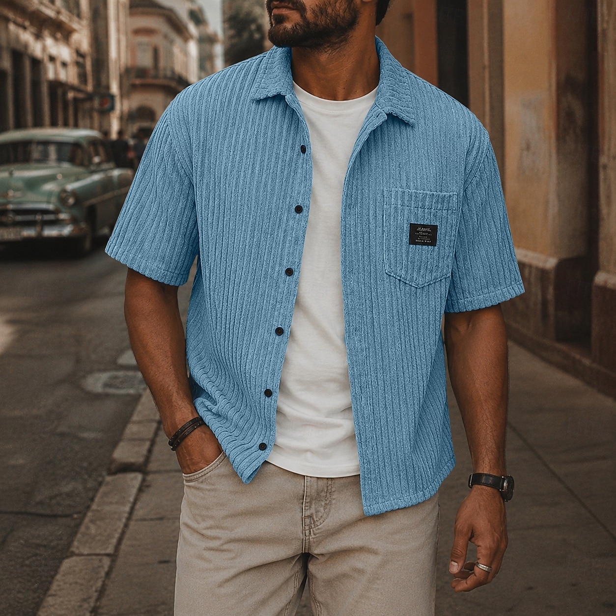 Hombre Camisa Camisa casual Camisa de Pana Abotonar la camisa Negro Blanco Azul claro Manga Corta Plano Tiras verticales Cuello Camisero Casual Diario Bolsillo delantero Ropa Elegante Moda Casual 2026 - $27.99 –P1