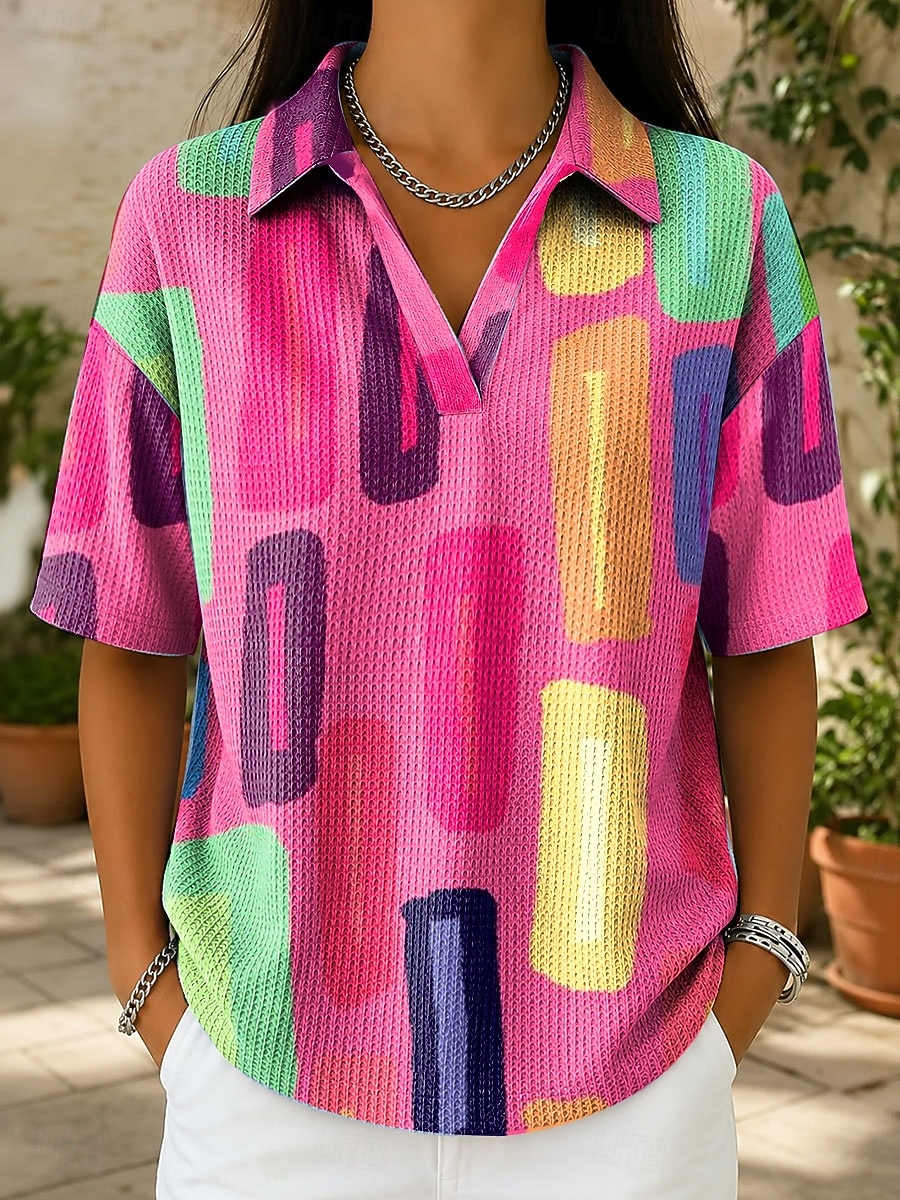 Women's Summer Tops Print Graphic Geometric Elegant Vintage Stylish Short Sleeve Shirt Collar Regular Tops Casual Daily Blue Pink Orange Summer Spring 2026 - $26.99 –P1