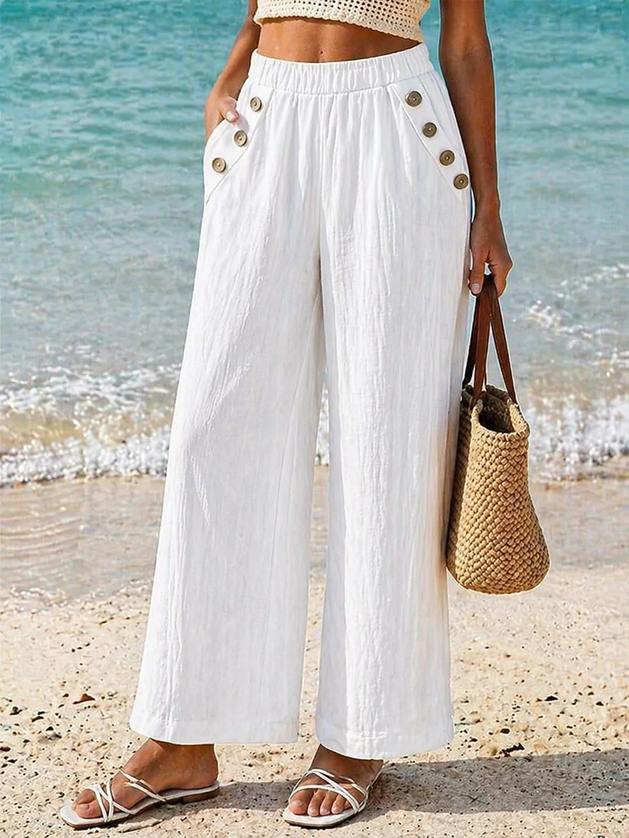 Mujer Perneras anchas Chinos Corte Recto Vacaciones Moda Ropa de calle Longitud total Alta cintura Plano Bolsillo Cintura elástica Confortable Suave Cómodo Microelástico Exterior Vacaciones Calle 2026 - $26.99 –P1