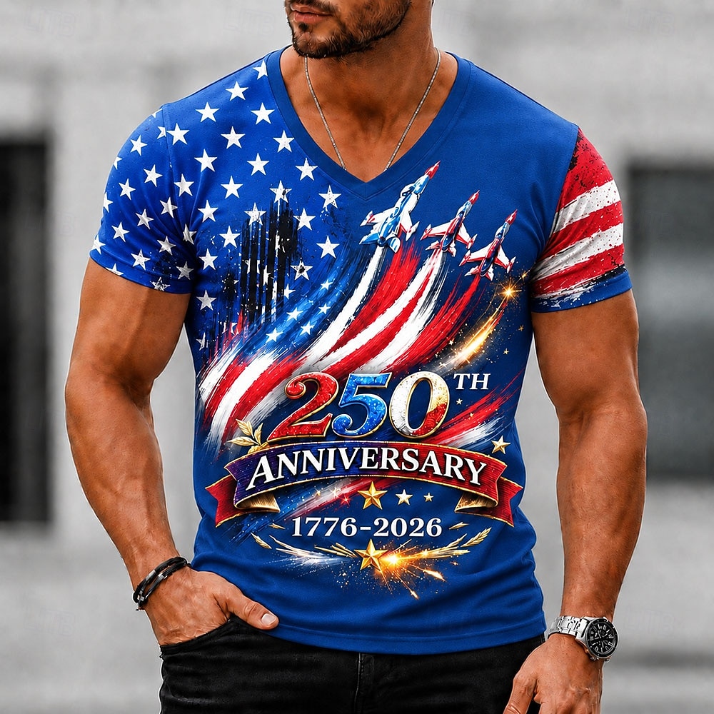 4th of July 2026 250th Men's American US Flag T Shirt Short Sleeve T shirt 3D Print V Neck Shirt Patriotic Daily Festival Blue Black White Spring & Summer Clothing Apparel S M L XL XXL XXXL 2026 - $18.99 –P1