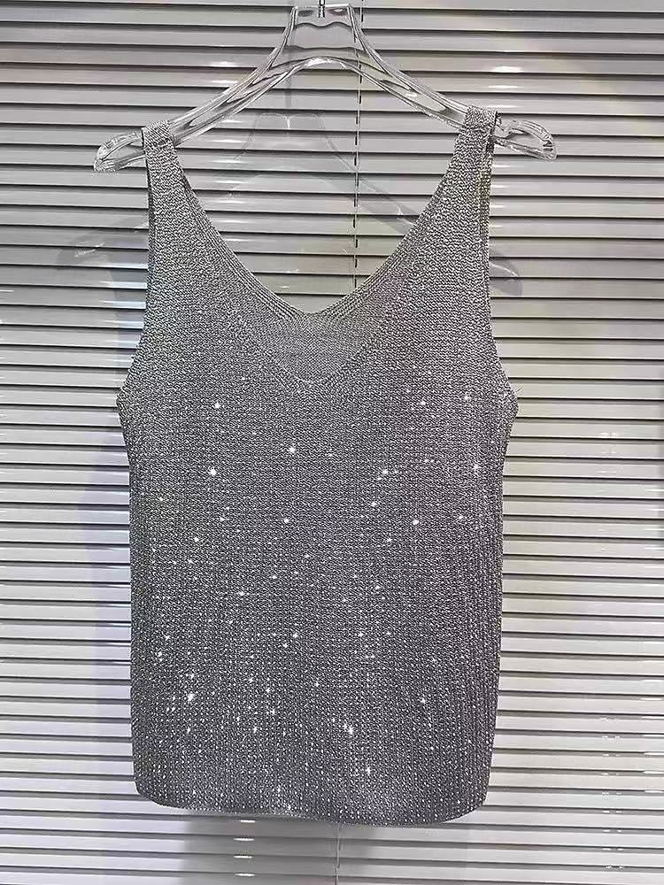 Valentine's Day Women's Camisole Tank Top Knit Rhinestone Fashion Sleeveless Crew Neck Square Neck Scoop Neck Regular Tops Holiday Black White khaki Grey Summer Spring 2026 - $21.99 –P4