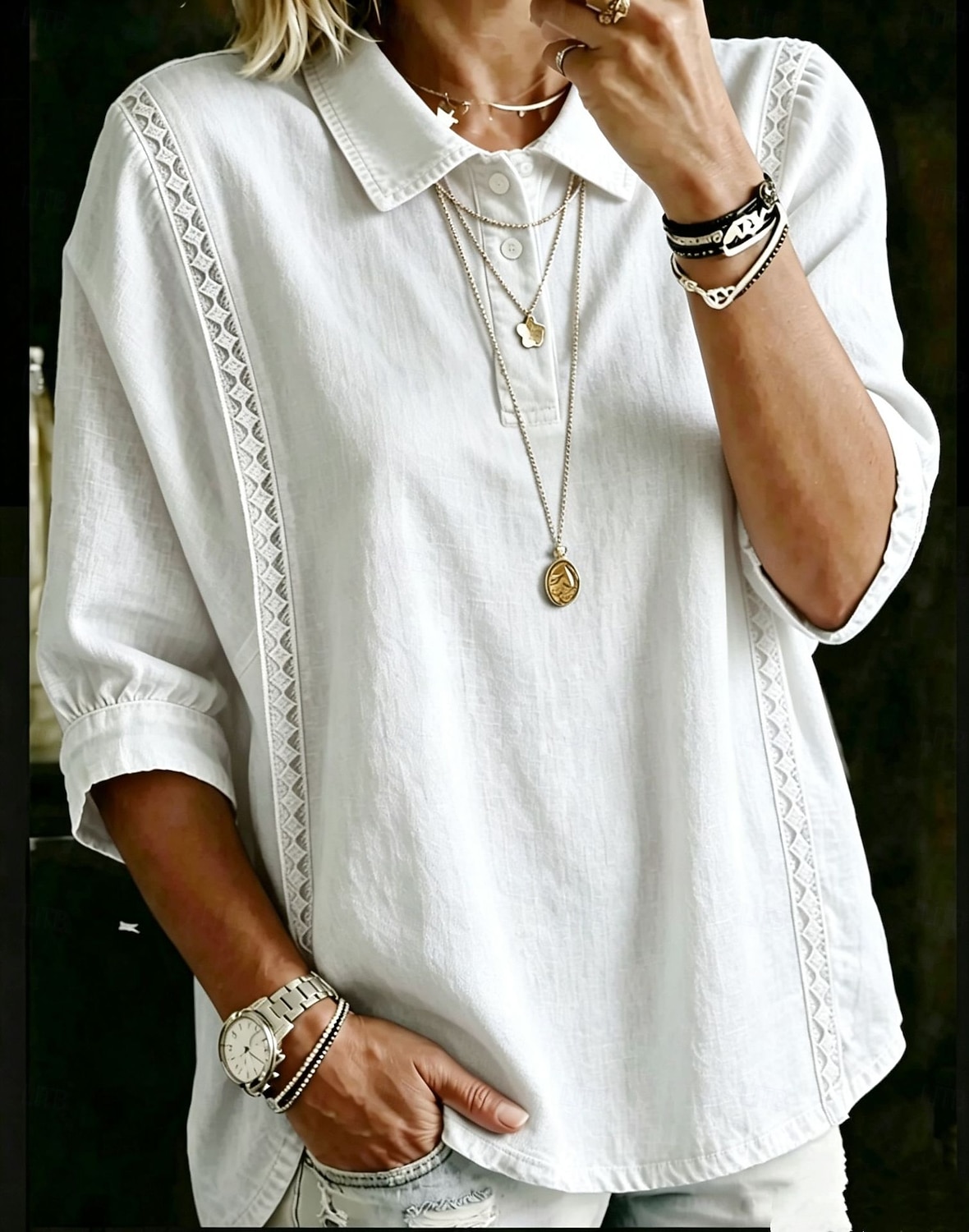 Women's Polo Shirts Blouse Lace Tops Plain Bohemia 3/4 Length Sleeve Lapel Regular Tops Light Blue White Pink Royal Blue Sky Blue Summer Spring 2026 - $31.99 –P5