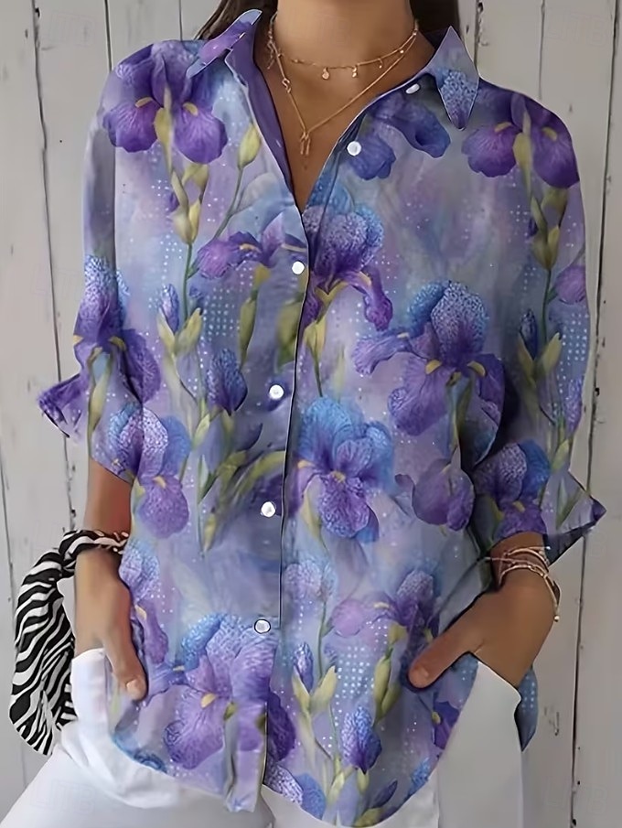 Dame Skjorte Rynket Blomstret Grafisk Elegant Ferie Stilfull 3/4 ermer Skjortekrage Crop Tops Avslappet Daglig Arbeid Hvit Gul Rosa Lys Lilla Lilla Sommer Vår 2026 - $41.99 –P5