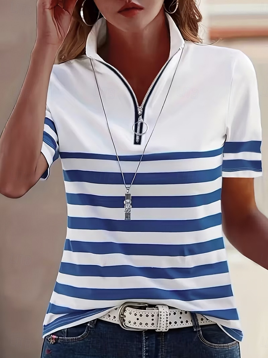 Per donna Maglietta Cerniera Zip a un quarto A strisce Grafico Geometrico Blocco di colori Vintage Tropicale Hawaiano Manica Corta Collo Alto Top Regolari Matrimonio in Spiaggia Casuale Quotidiano del 2026 a $25.99 –P4