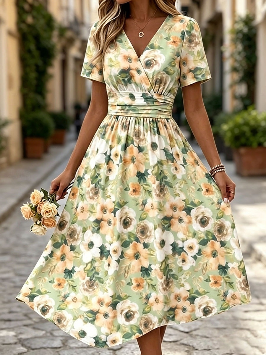 Women's Midi Dress A Line Dress Vacation Casual Boho Regular Fit Floral Graphic Short Sleeve V Neck Green Summer Spring 2026 - $37.99 –P1