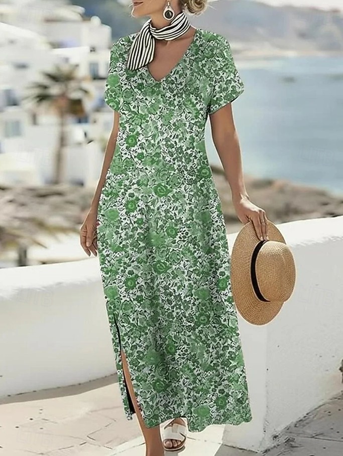 Women's Maxi Dress A Line Dress Casual Daily Holiday Date Regular Fit Floral Graphic Abstract Short Sleeve V Neck Green Summer Spring 2026 - $27.99 –P1