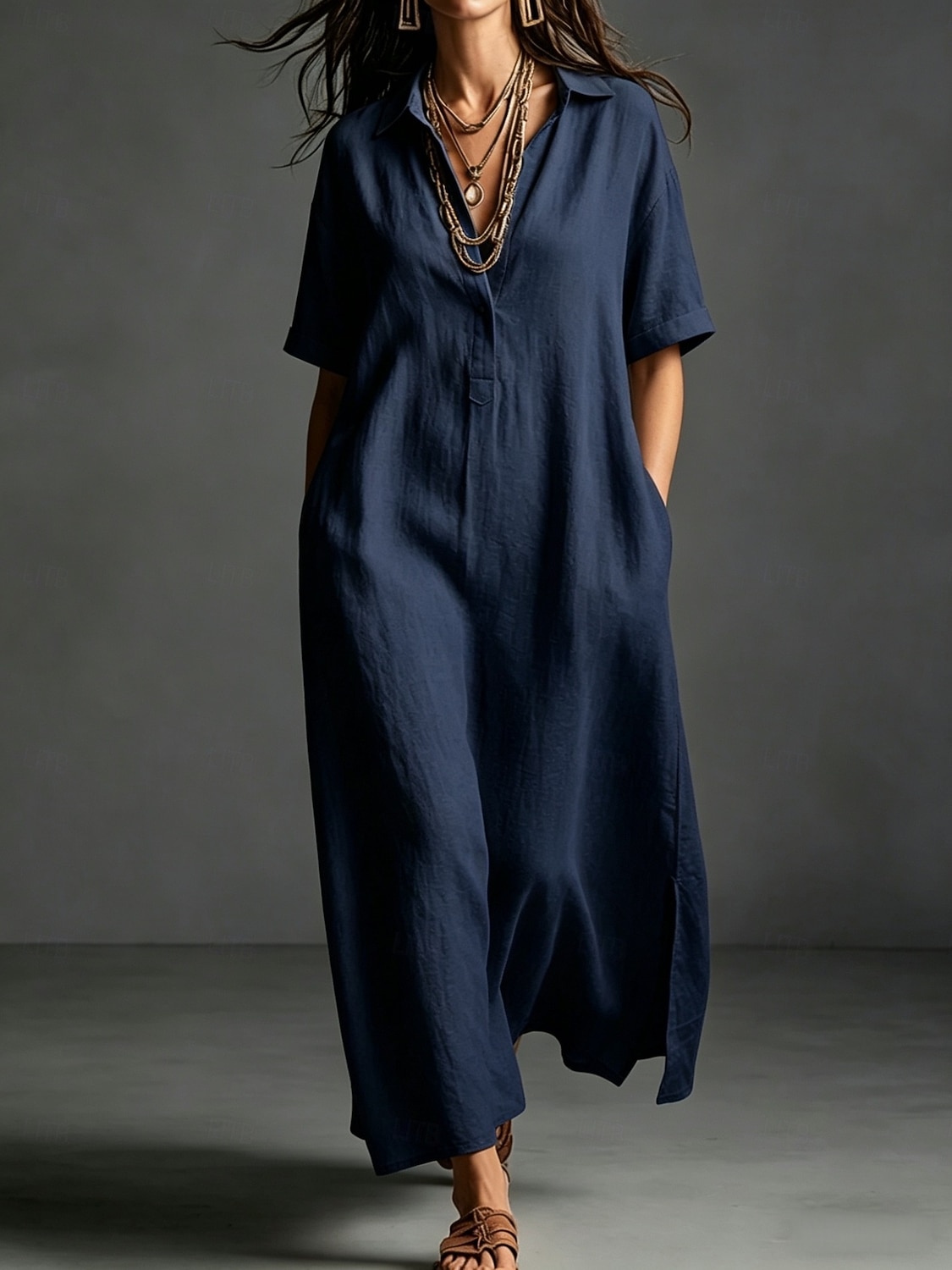 Women's Maxi long Dress Linen Dresses Elegant Vacation Loose Fit Plain Short Sleeve Shirt Collar Summer 2026 - $33.99 –P13
