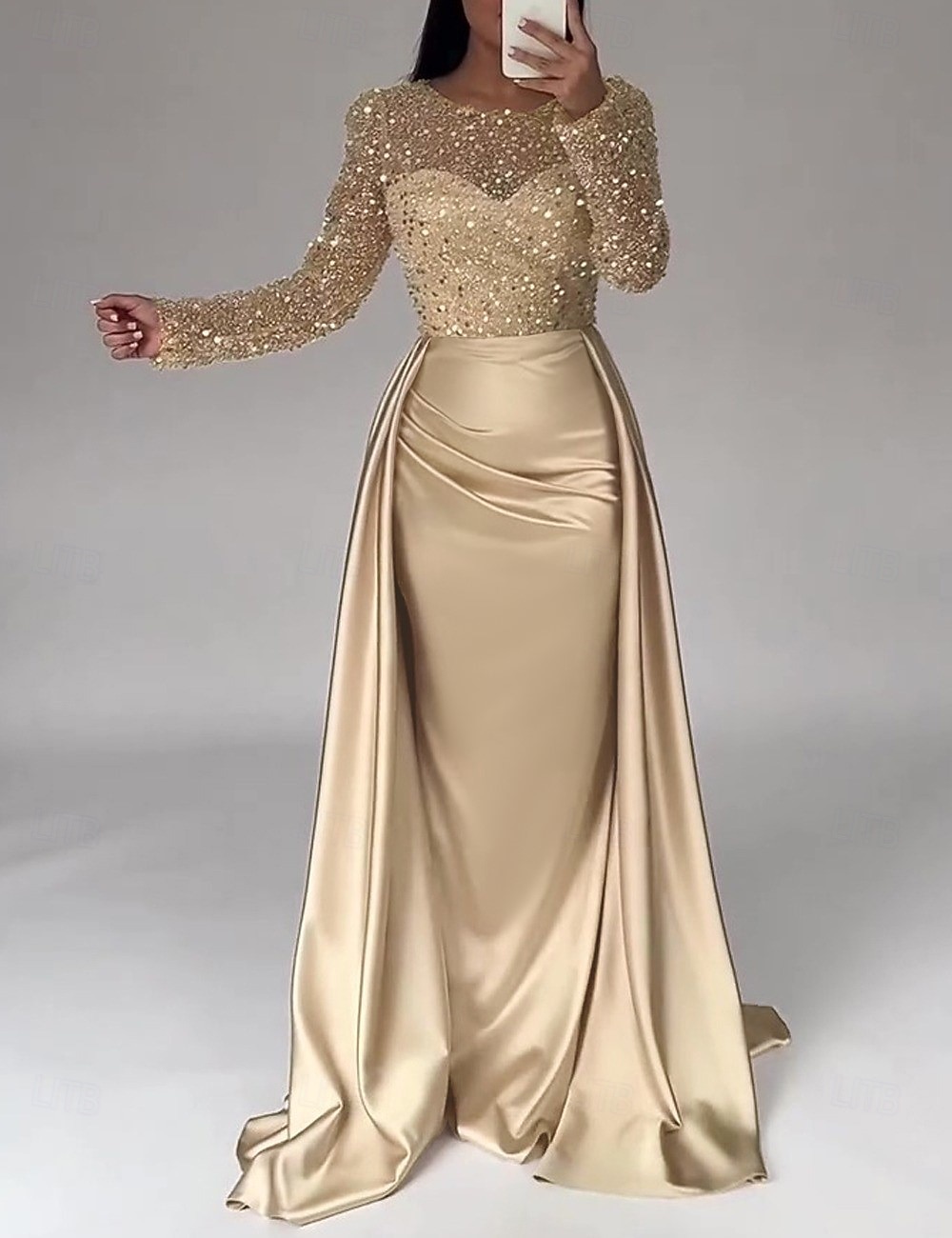 Sirena Tromba Lunghezza al pavimento Abito da Sera Elegante Brillare & Splendere Manica Lunga Scollo Illusione Carnevale Mascherata Abito Champagne per la Madre della Sposa Raso Con Paillettes con del 2026 a $183.99 –P5