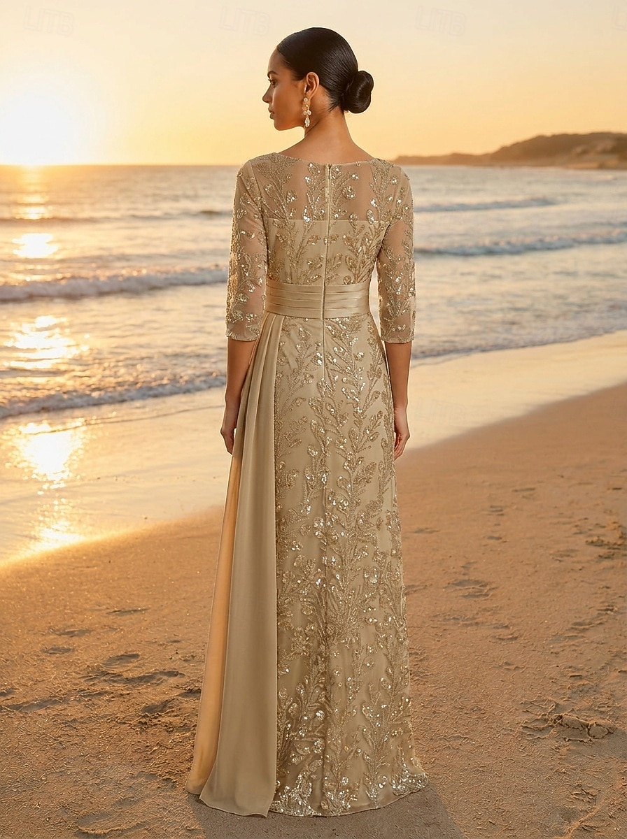 A-Linie Bodenlang Ballkleid mit Cape Abendkleid Elegant Glitzernd Glitzern Langarm Rundhalsausschnitt Abschlussball Hochzeit Satin Tüll mit Glitzer Paillette Perlenbestickt 2026 - $182.99 –P2