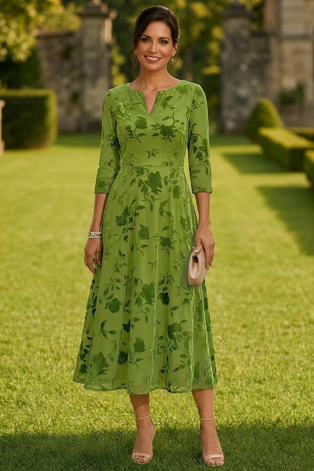 tea length casual spring dresses Women Floral Tea Dress Lace Embroidery Short Puff Sleeve Ruffle Midi