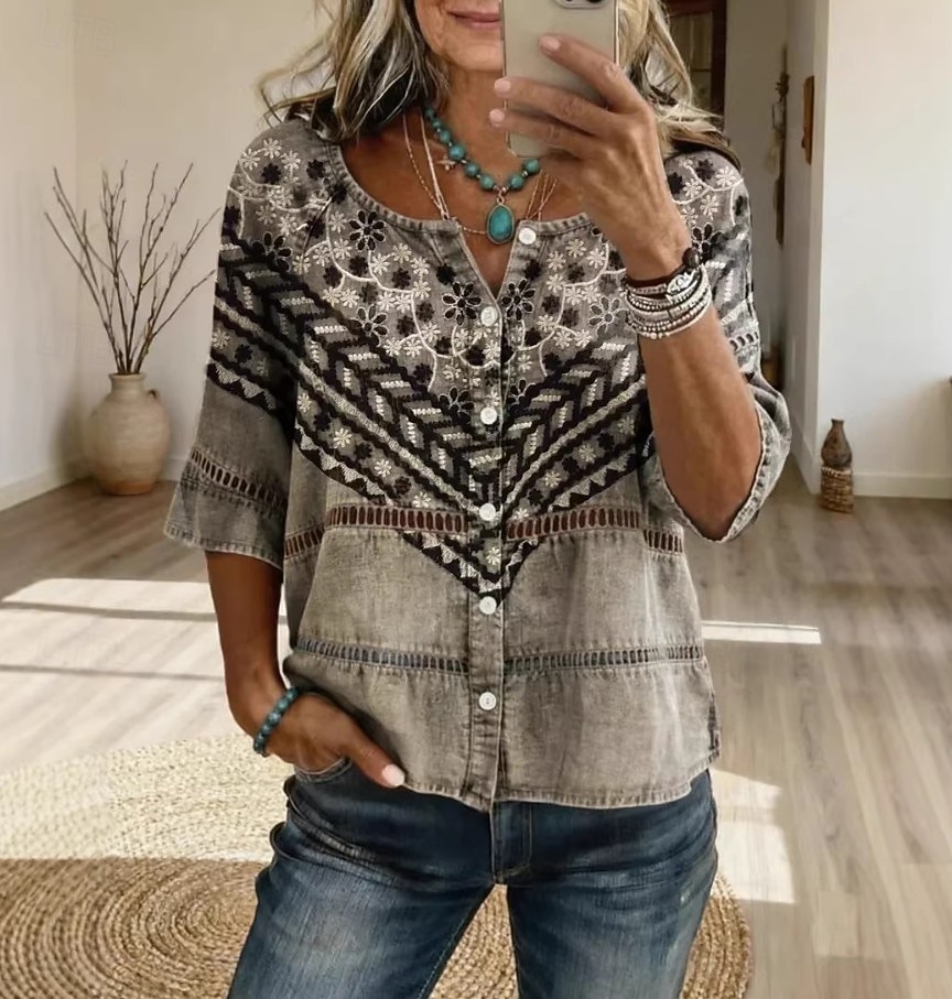 Carnevale Per donna Camicia Top traforato Camicia Boho Camicia di Pizzo Elegante Bohemien Attivo Manica 3/4 Girocollo Top lunghi Casuale Blu Rosso Marrone Verde Estate Primavera del 2026 a $26.99 –P1